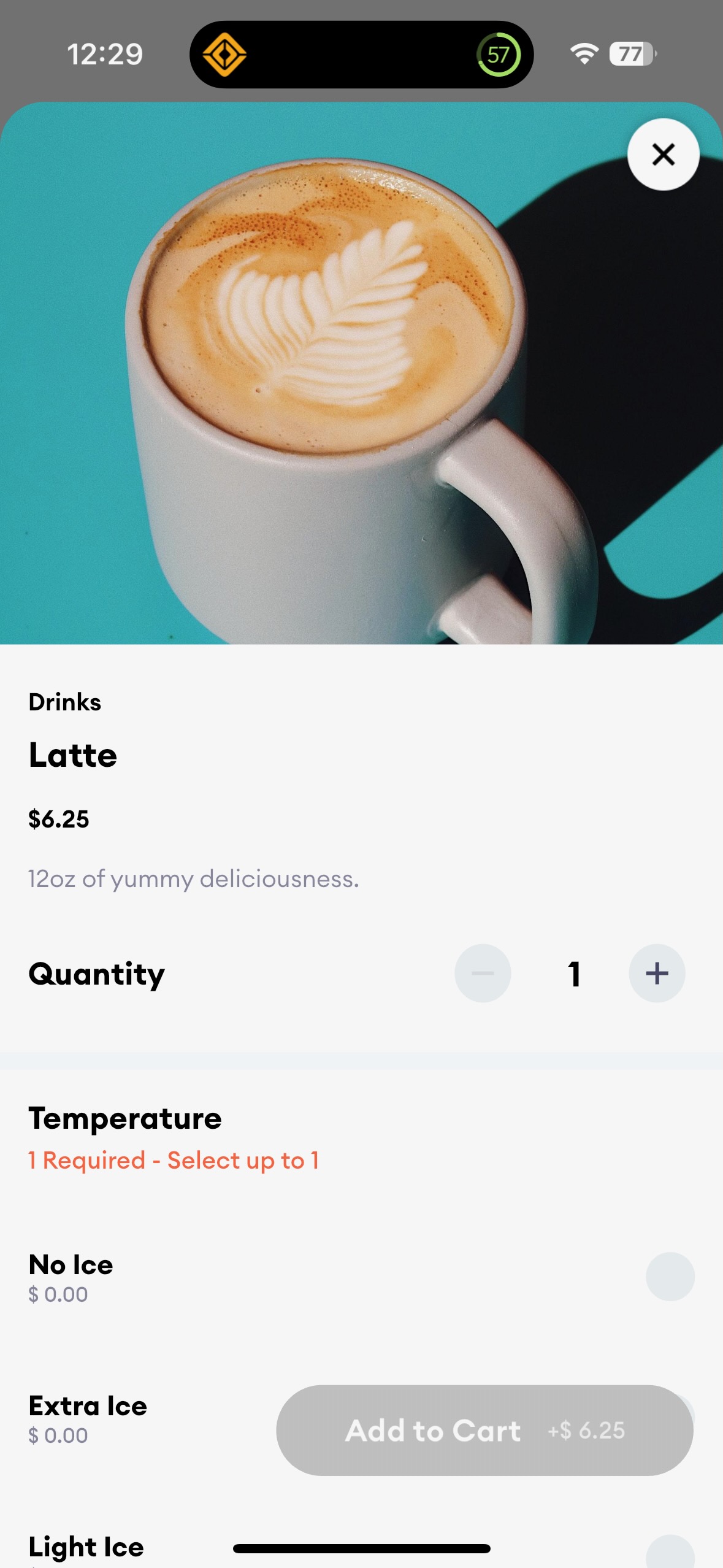Buenas Coffee App Customization Screen