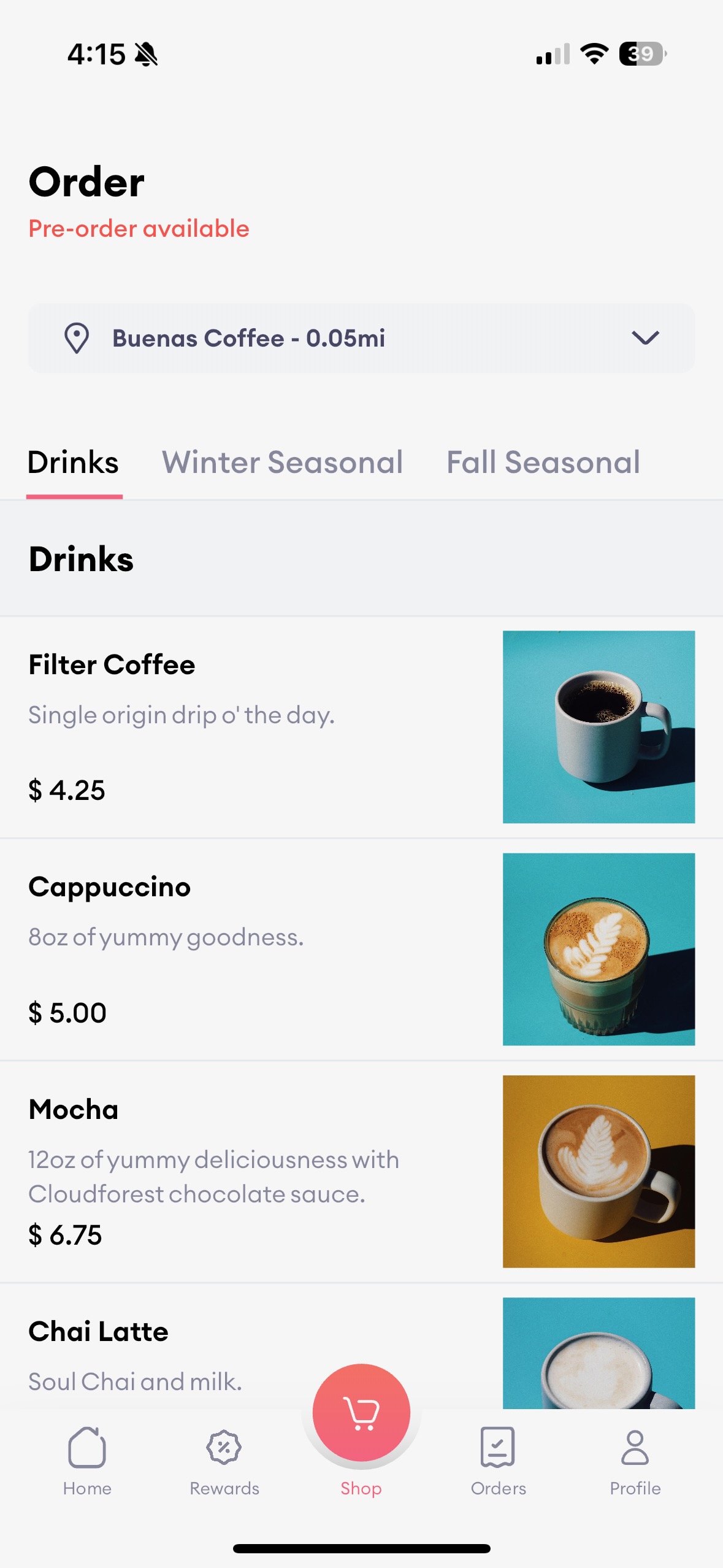 Buenas Coffee App Menu Screen