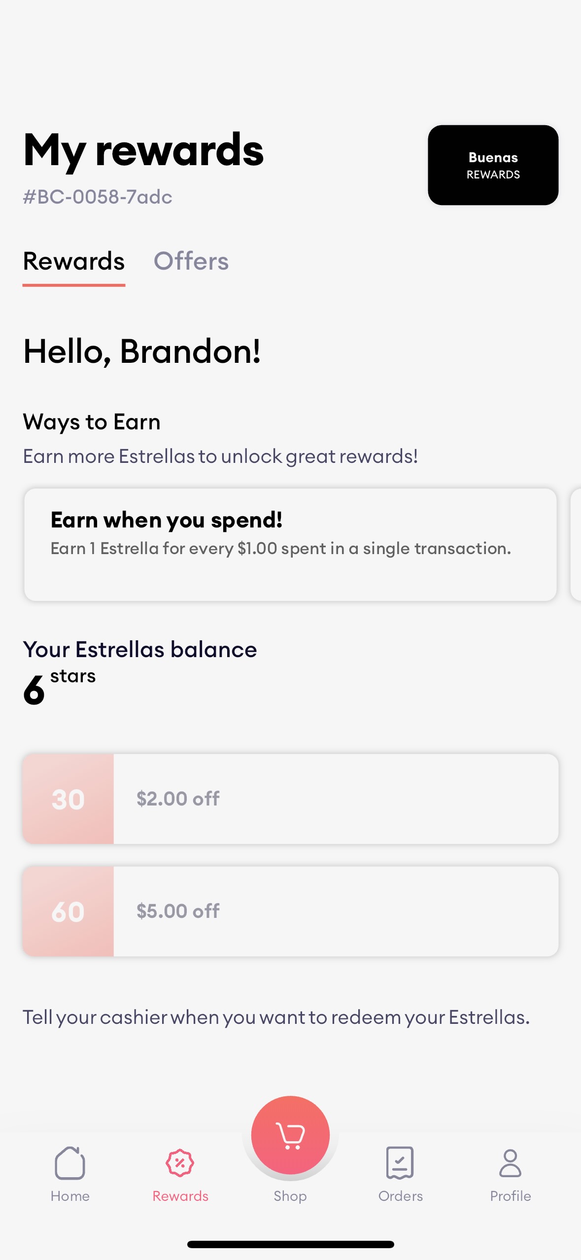 Buenas Coffee App Rewards Screen
